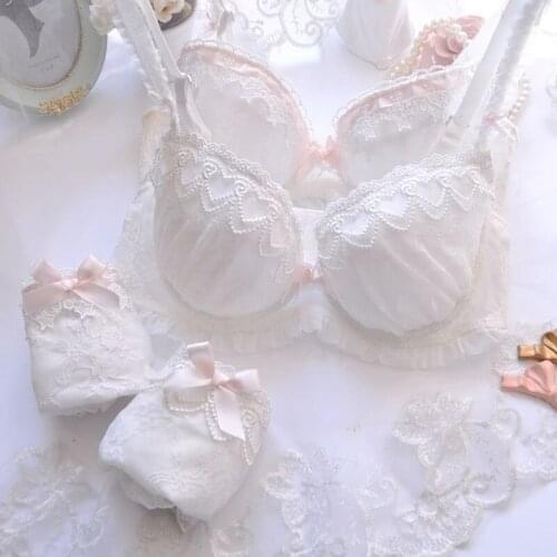 Brand New Thin Japanese Sexy Lace Bra Set Comfortable White Print Ladies Embroidered Bra Panty Set Large Size