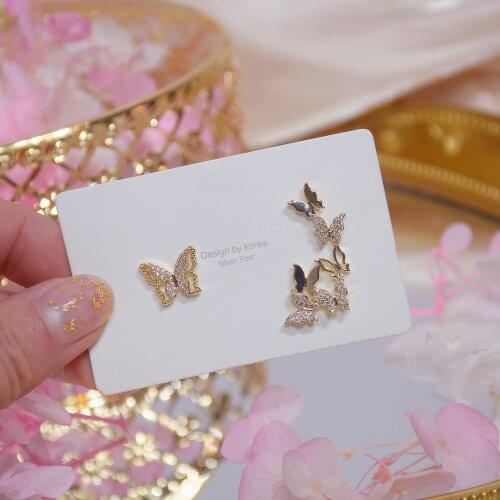Korea Hot Fashion Jewelry Exquisite AAA Zircon 14K Real Gold Earrings Elegant Asymmetric Butterfly Womens Birthday Gift Earring
