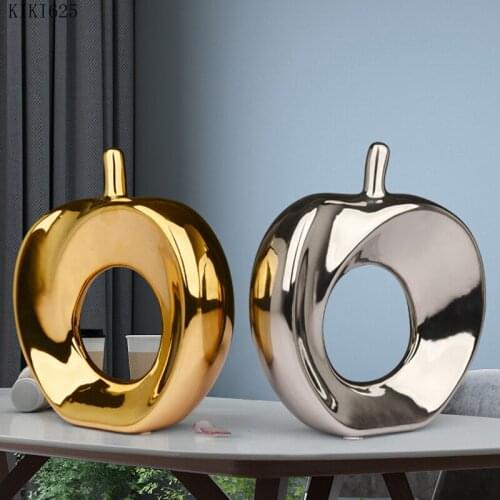 Creative Ceramic Hollow Apple Ornaments Golden Silver Gilded Apple Crafts Living Room Art Fruit Furnishings Home Decoration Gift