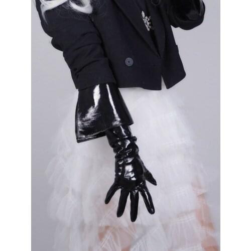 LATEX LONG GLOVES Faux Leather PU 26" 65cm Black Extra Cut Flip Foldover Women Leather Gloves PU246