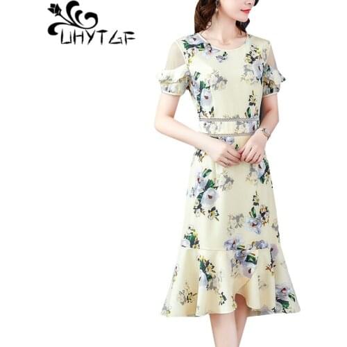 UHYTGF Retro summer dresses womens print cheongsam High waist bandage dress Open back pullover elegant women party dresses 104