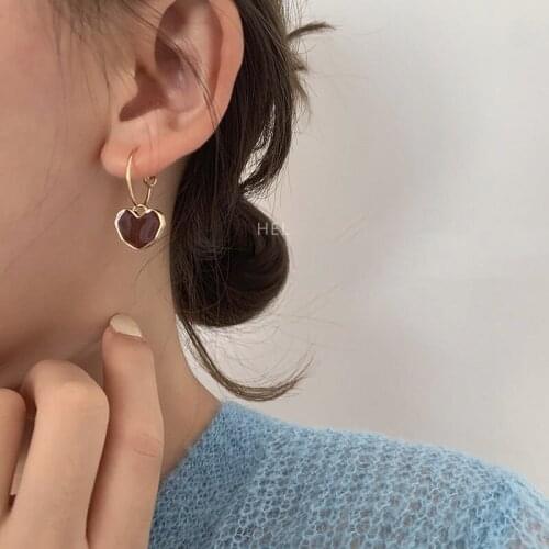 Sweet Burgundy Enamel Heart Earrings for Women Girl Gold Color Metal Hanging Dangle Earring Korean Fashion Drop Earrings Jewelry
