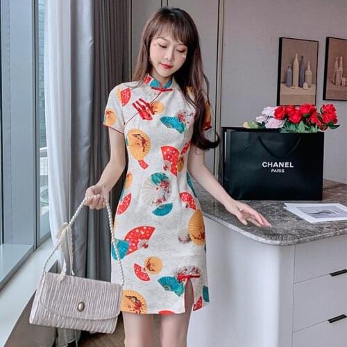 Fashion Vintage Chinese Style Short Sleeve Mini Party Dress Ladies Elegant Coffee Break Casual Sexy Stand Neck Print Split Dress