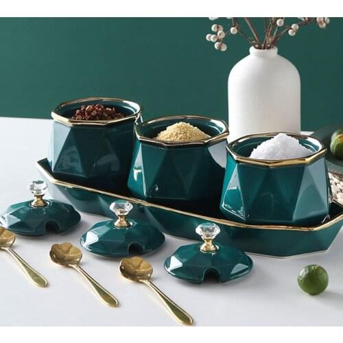 Luxury Emerald Seasoning Pot Set Table Decoration Kitchen Seasoning Tools Restaurant Hotel Service Supplies jars with lid