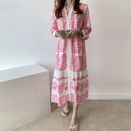 New Women Korean Chic Long Stand Collar Panelled Print Robe Dress Female Single Breasted Casual Loose Straight Blouse Dresses