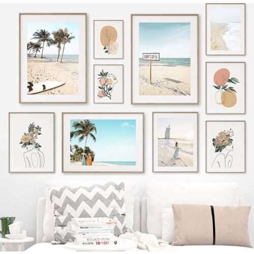 Palm Tree Woman Line Beach Sea Landscape Wall Art Canvas Painting Nordic Posters And Prints Wall Pictures For Living Room Decor