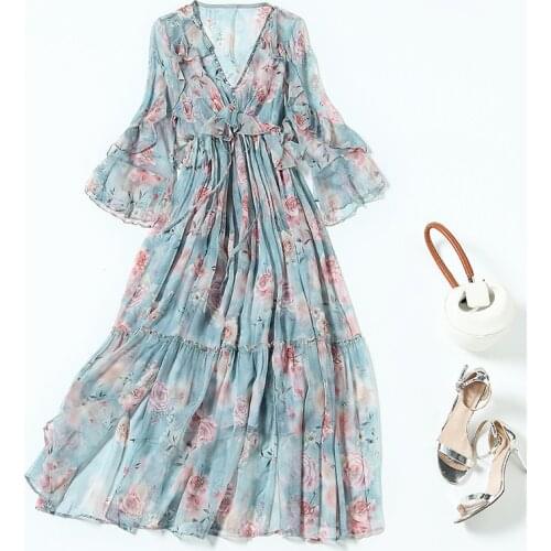 High Quality 100% Silk Dress Female Floral Midi Woman Dress Vintage Sundresses for Women Summer 2021 Vestido De Mujer Pph4311