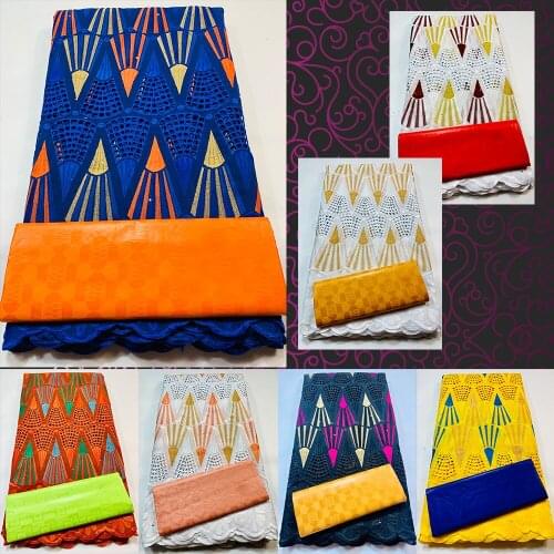 Luxurious Egypt African 2.5+2.5Yards Bazin and Cotton Embroidery Lace Fabric Mesh Brocade Jacquard Fabric 2318C4