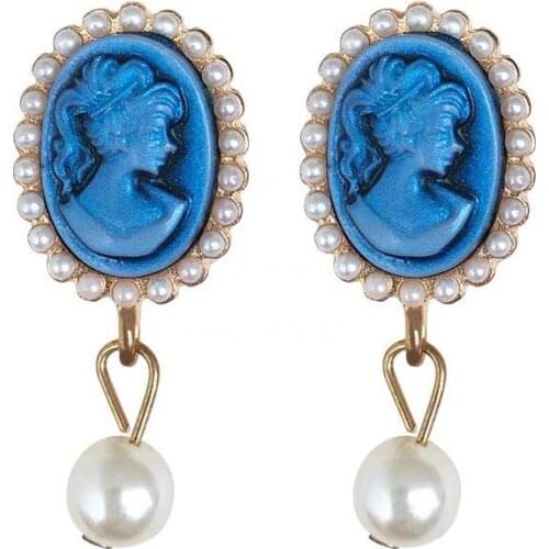 S925 Needle Vintage Blue Portrait Pearl Baroque Palace Style Earrings Female Jewelry Accessories Simple Elegant Gift