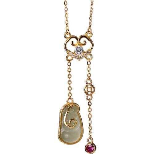 S925 sterling silver gold-plated Hetian gray jade pendant retro personality Ruyi pea womens chain necklace