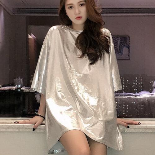 Silver Color Mid-Length Shiny T-shirt Womens Loose Flashing Sequins Top Three-Quarter Sleeve Net Red