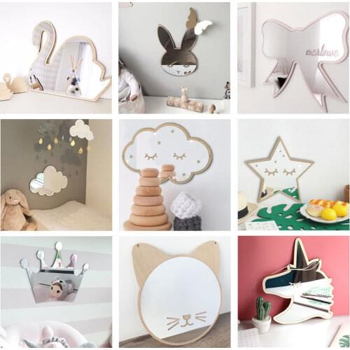 Nordic Wood Cloud Mirrow Nursery Decoration Bunny Wall Mirror Kids Room Scandinaivan Style Wall Decor Swan Cloud Moon Mirror