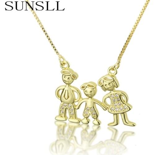 SUNSLL New gold copper necklace white cubic zirconia family shape necklace for women/childen fashion jewelry pendant chain gift