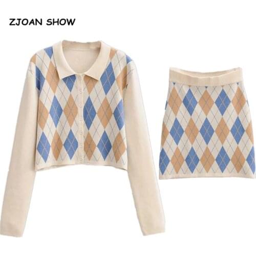90s Vintage Argyle Plaid Knitted Cardigan Preppy Style Korea Clothing Knitted Sweater Package Hips Mini Skirt 1 Set Y2K Knitwear