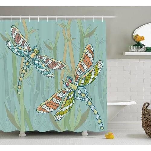 Dragonfly Shower Curtain Doodle Style Giant Dragonfly Figures on Lake Bushes Nature Exotic Picture Art Bathroom Curtains