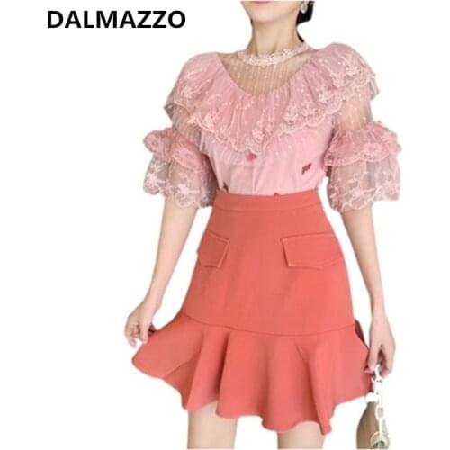 2 Pieces Set for Women 2021 Summer Fashion Mesh Patchwork Short Sleeve Shirt Tops + Ruffles High Waist Mini Skirt Suit Mujer