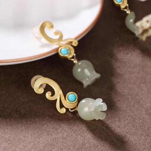 S925 Sterling Silver Lily Earrings Fresh Gray Jade Phoenix Peacock Feather Long Modified Face Shape Elegant Jewelry