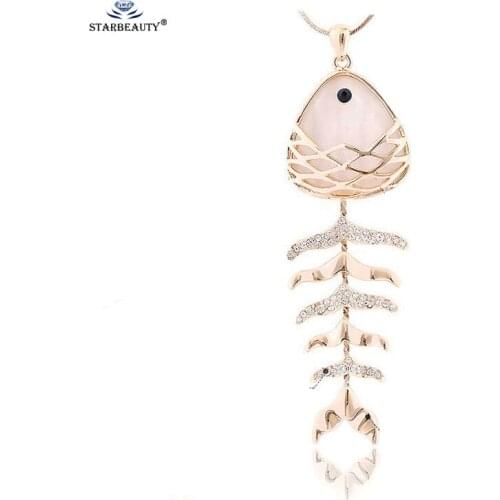 Top Fashion Opal Fish Necklace Women Unique Cats Eye Stone Golden Fish Bone Pendant Necklaces Long Bone Neckless Female Gift
