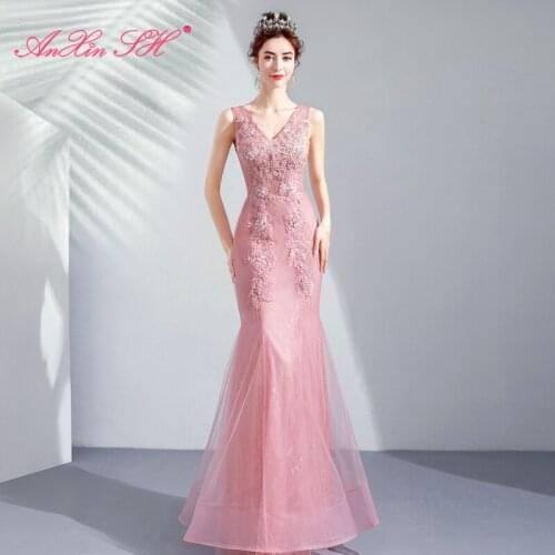 AXJFU princess pink lace mermaid evening dress vintage v neck beading crystal flower sleeveless trumpet pink evening dress 2106