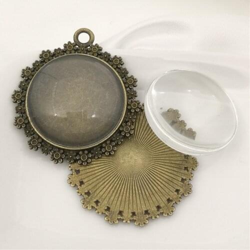 10sets/lot 20mm Round Antique Bronze Alloy diy Cameo base Setting Pendant+Clear Glass Cabochons Beads Jewelry finding A1023