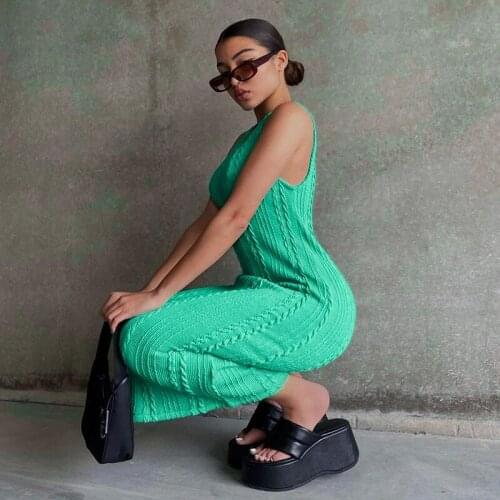 2021 Summer Ribbed Knitted Stripe Dress Women Elegant O-Neck Bodycon Sleeveless Midi Dress Ladies Sexy Streetwear Party Dress