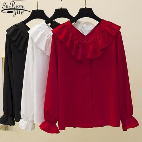 2021 Autumn New Korean-Style Large Girls Long Sleeve V-neck Ruffles Belly Covering Chiffon Blouse Tops Plus Size 4XL 10223