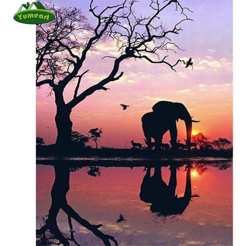 Animals Diamond Painting Cross Stitch Sunset Lake Landscape Full Square DIY 5D Diamond Mosaic Elephant Diamond Embroidery Tree
