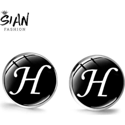 SIAN Minimalism 26 Letter A-Z Stud Earrings English Alphabet Printed Photos Silver Plated Bronze Handmade Initial Earrings Gifts