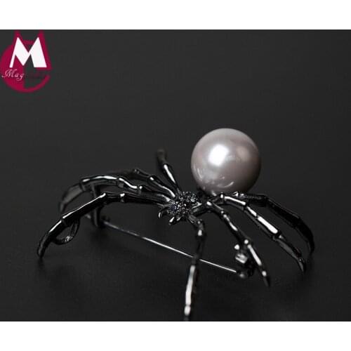 14mm Freshwater Pearl Black Spider Insect Brooch With Zircon Scarf Jewelry Clips Pins Real 925 Sterling Silver Brooches YX09