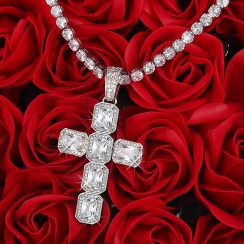Mens Womens Gold Color CZ Zircon Iced Hip Hop Cross Pendant With 4mm 16/18/20/24 Inches Tennis Chain Choker Necklace Set