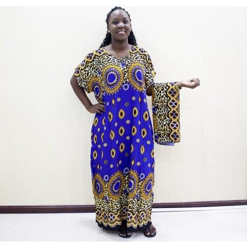 Dashikiage Leopard Print 100% Cotton African Dashiki Blue Short Sleeve Blue Dresses For Women
