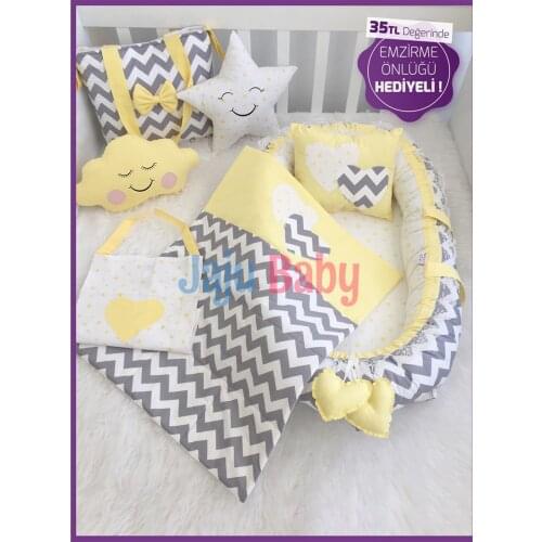 Jaju Baby Handmade, Gray-Yellow Zigzag Orthopedic Lux Babynest Baby Bed, Nursing Apron GIFT
