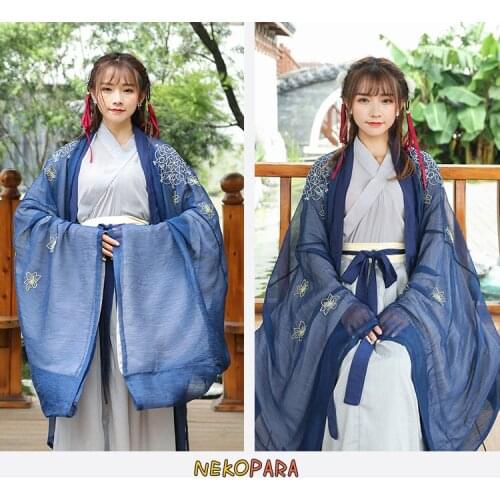 Nine Odes--Elegant Womans Hanfu Chinese Tradition Style Fine Embroidery Chiffon Vintage Gorgerous Dress 4Pcs Set Blue