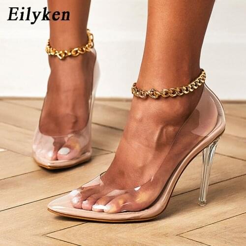 Eilyken PVC Transparent Jelly Shoes Woman Fashion Ankle Metal Chain Design Buckle Ladies Perspex Heels Sexy Nightclub Pumps