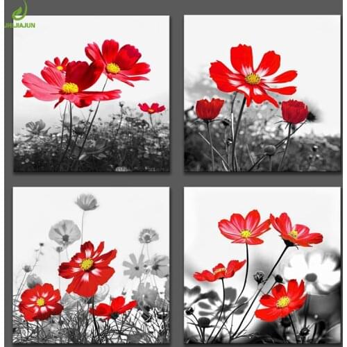 JHLJIAJUN 4 Piece Modern Red Flowers Painting Modual Canvas DecorationModular Picture Art Decorative Bedroom Room Decor Posters
