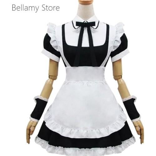 Customized handcraft Classic Lolita black and white bow ruffled short sleeve Maid Dress