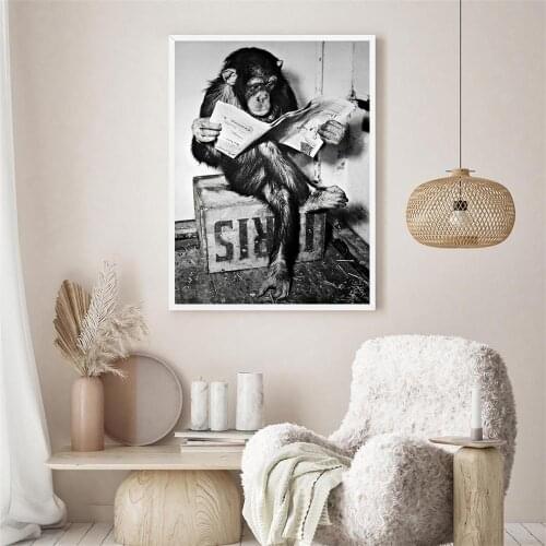 Orangutan Reading Newspapers Wall Art Poster Fashion Art Print Black And White Canvas Painting Modern Pictures Living Room Decor