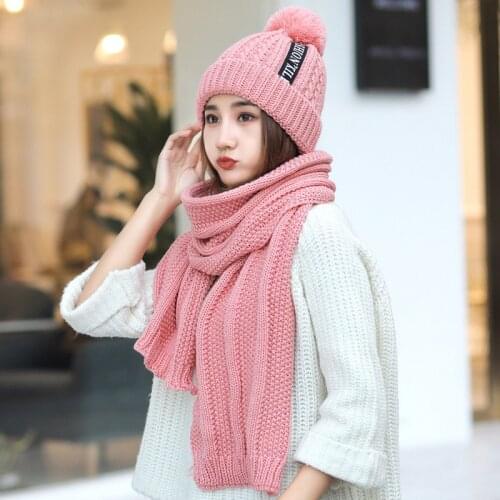 New Women Winter Hat & Scarf Set High Quality Add Fur Lined Flanging Cap Female Stylish Alphabet cloth label Warm Thick Outdoor