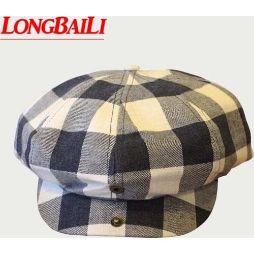 Autumn Cotton Blue And White Plaid Beret Hats For Men Leisure Visors Womens Newsboy Caps Flat Hats PBFE003