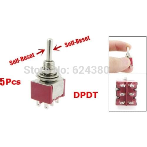 Selfreset Momentary Toggle Switch DPDT 2P2T (ON)-OFF- (ON) 3 Three Position 6 Pins 250V / 2A 120 V / 5A AC x 5 Pcs / Lot