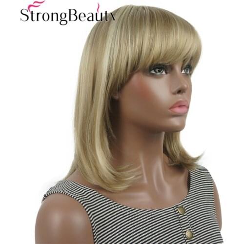 StrongBeauty Straight Synthetic Wigs Medium Long Hair with Neat Bangs Women Wig Many Colors