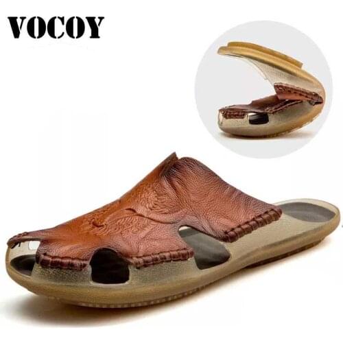 Mens Summer Slides Breathable Genuine Leather Sandals Soft Casual Latex Memory Foam Comfortable Flats Roman Style Beach Sandals