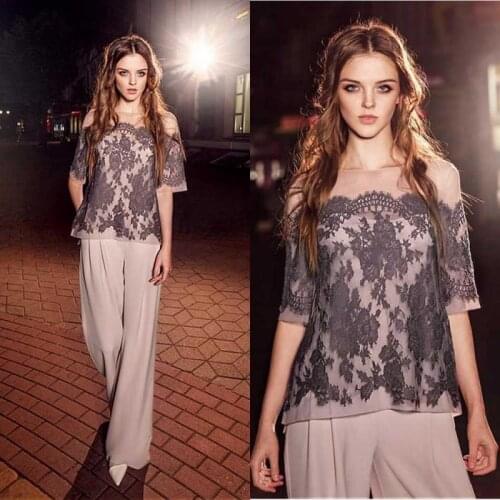 Stylish Lace Mother Of The Bride Pant Suits Half Sleeves Bateau Neck Wedding Guest Dress Chiffon Plus Size Mothers Groom Dress