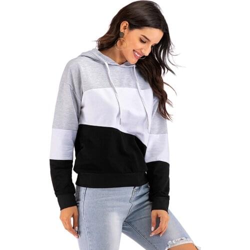 Spring Color Constrast Hoodies Women Fashion Street Style Casual Loose Patchwork Sweatshirt Women Hooded Neck Long Sleeve Tops