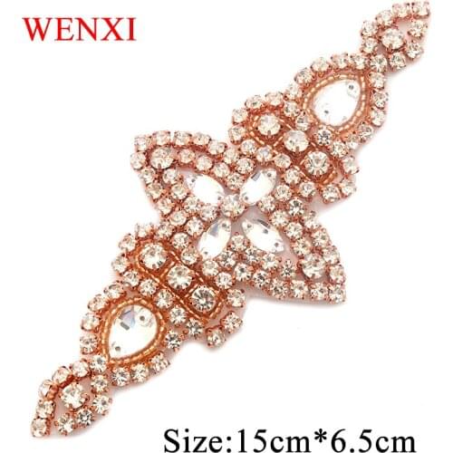 WENXI 10PCS Wholesale Clear Rose Gold Crystal Rhinestones Appliques Sewing On Wedding Dress Sash Rhinestones Appliques WX901