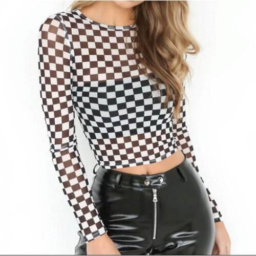 Long Sleeve Women T shirt Spring Chess Transparent Grid