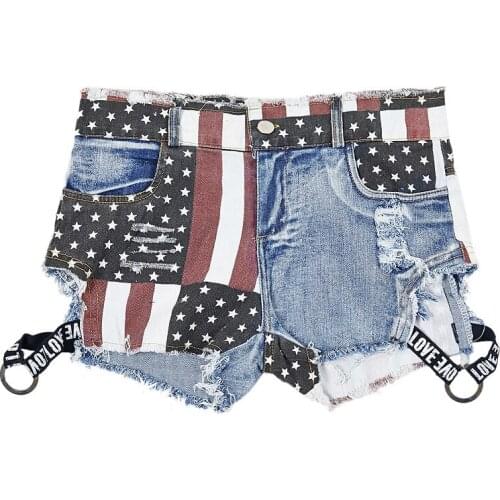 Womens Sexy American Flag Print Mini Short Jeans Booty Shorts Hollow Out With Holes High Waist Casual Club Party Bottom