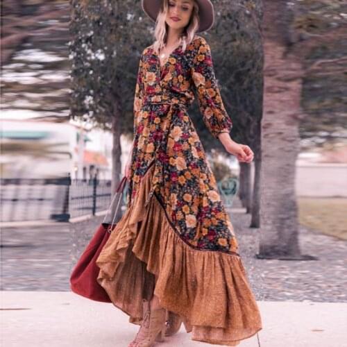 Happie Queens women Floral Print long sleeve irregular hem beach Bohemian maxi dress Ladies cover up Boho sundress vestidos