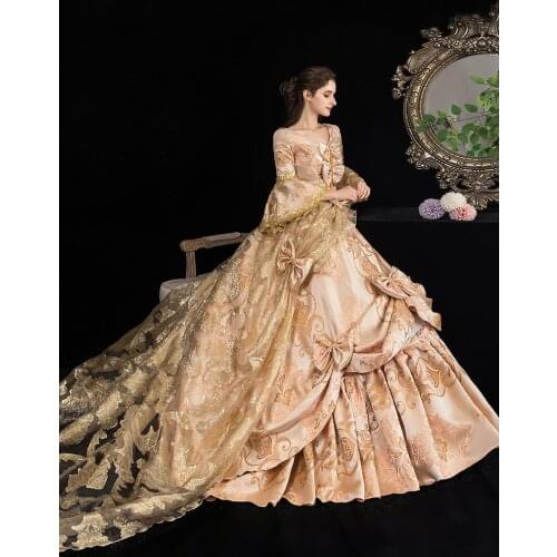 100% real champagne golden trail cosplay ball gown medieval dress Renaissance gown queen Victorian Belle Ball gown