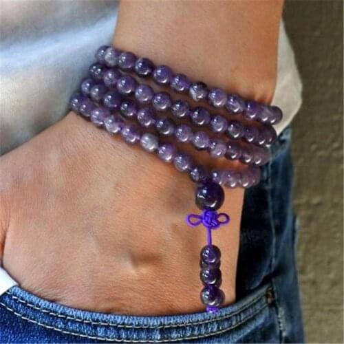 6mm Naturlal Amethyst Crystal 108 Beads Tassel Necklace Bracelet Wristband Classic Tibetan Yoga Prayer Retro